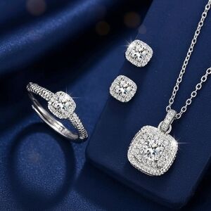 Dazzling 925 Silver Inlaid Zirconia Ring Earring Necklace Set (New)